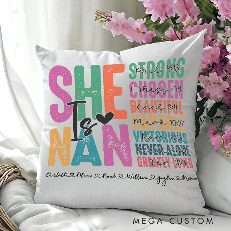Personalized Colorful Letter She Is Mummy Bible Verse Throw Pillow with Nickname Mother's Day Birthday Gift Religious Gift for Mother Grandmother