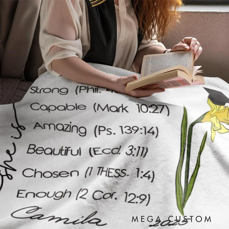 Personalized Graduation Cap Birth Flower Bible Verse Soft Throw Blanket with Name and Year Religious Day Birthday Graduation Gift for Graduate
