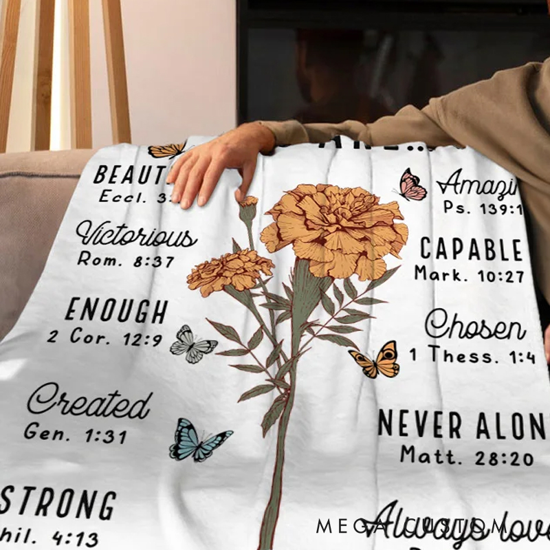 Personalized Bible Verse Birth Flower Soft Throw Blanket with Name Religious Day Birthday Holiday Gift for Christian Women