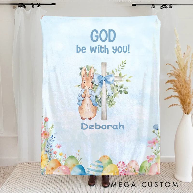 Personalized God Be with You Floral Easter Eggs Bow Cross Peter Rabbit Soft Throw Blanket with Name Home Decor Easter Gift for Christians