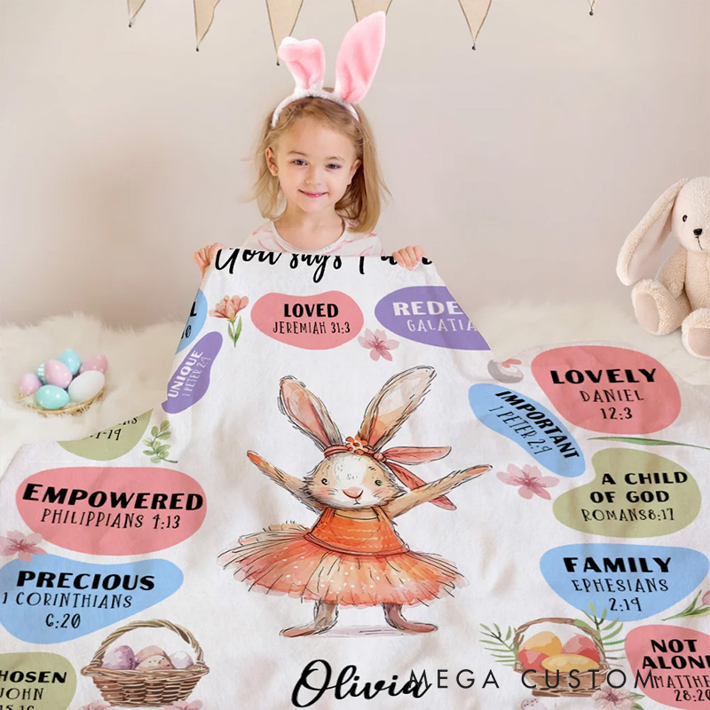 Personalized God Says I Am Dream Job Bunny Soft Throw Blanket with Name Home Decor Birthday Gift Easter Gift for Kids 