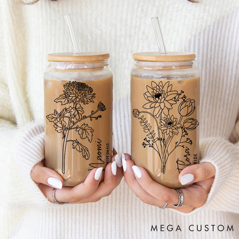 Personalized Bridesmaid Birth Flower Can Glasses with Lid and Straw Bride Wildflower Coffee Cup Bachelorette Party Gift