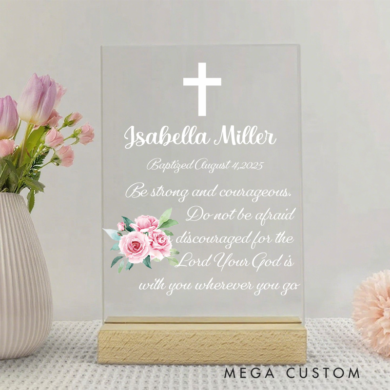 Personalized Flower Leaf Wreath Cross Wooden Base Acrylic Sign with Name and Text Table Decor Religious Gift Birthday Gift for Kids