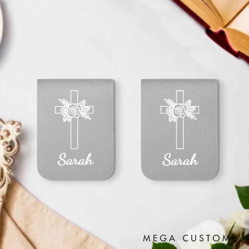 Personalized Cross Birth Flowers Magnetic Leather Bookmark Clip with Name Baptism Birthday Gift for Bookworms Christian Bible Reader