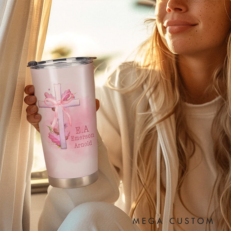 Personalized Pink Coquette Bow Tie Cross 20oz Tumbler with Name Birthday Gift Religious Gift for Women and Girls