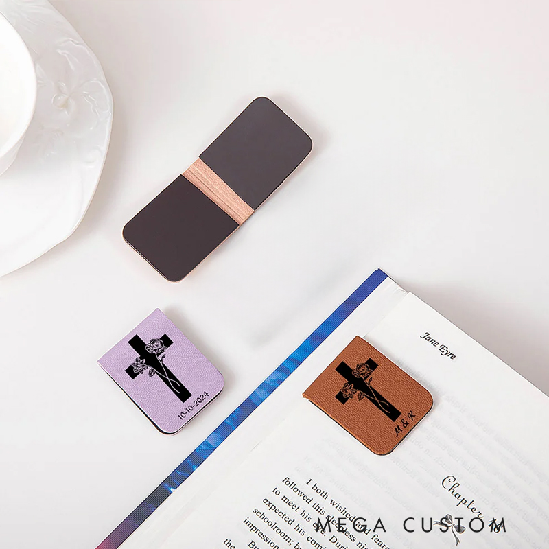 Personalized Cross Birth Flowers Magnetic Leather Bookmark Clip with Name Birthday Gift for Bookworms Christian Bible Reader