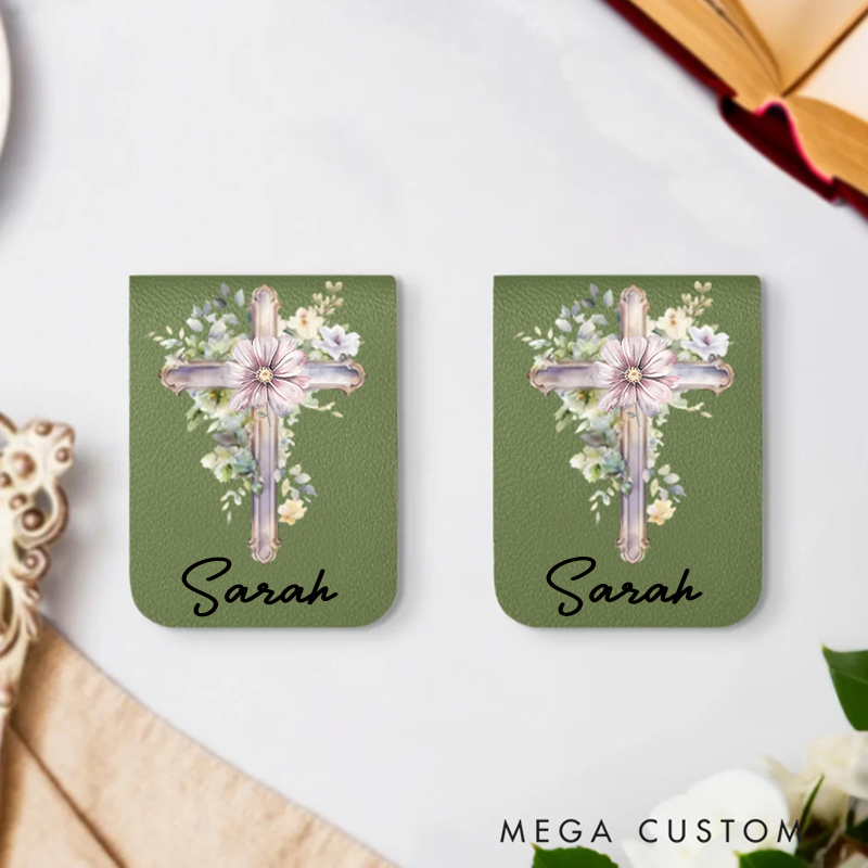 Personalized Watercolor Cross 1-5 Birth Flowers Magnetic Leather Bookmark Clip with Name Birthday Gift for Bible Reader Book Lover Christian