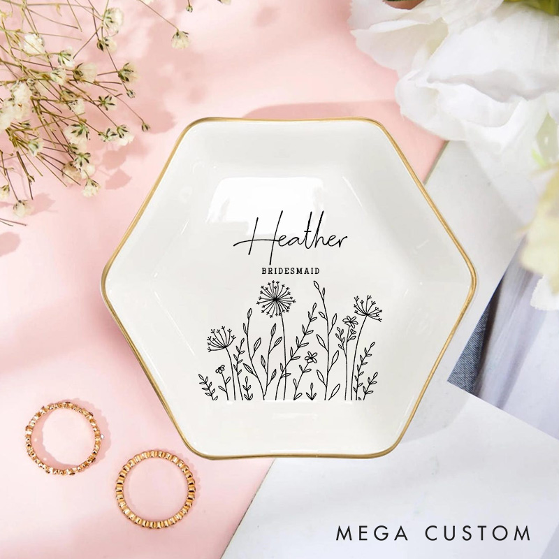 Personalized Bridesmaid Wildflower Ring Dish Bride Best Friend Jewelry Dish Bachelorette Party Gift