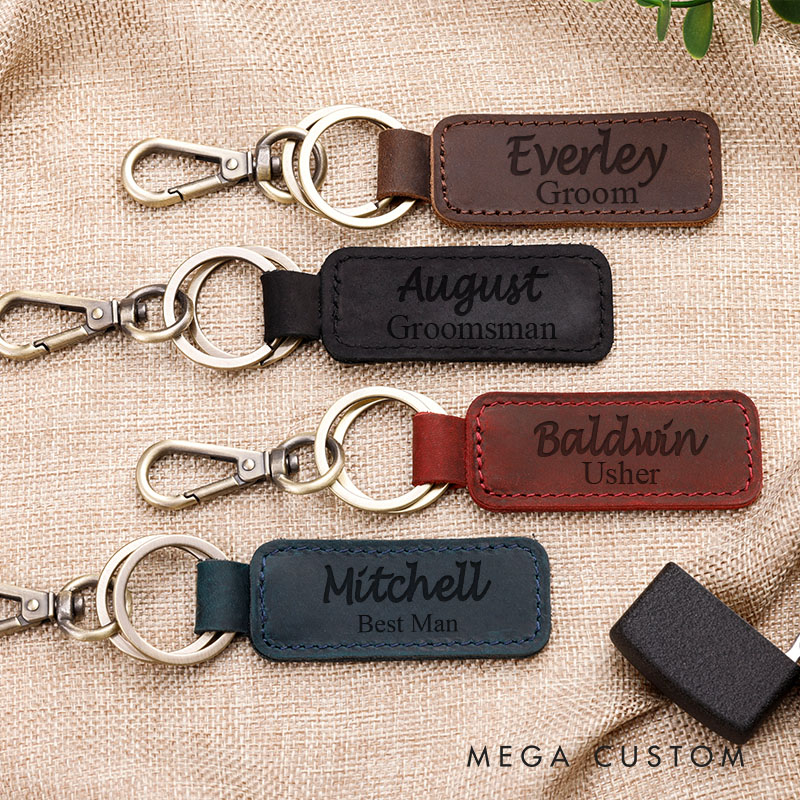Personalized Leather Best Man Proposal Keychain Ring Bearer Usher Gift Groomsman Gift Crazy Horse Leather Keychain for Him