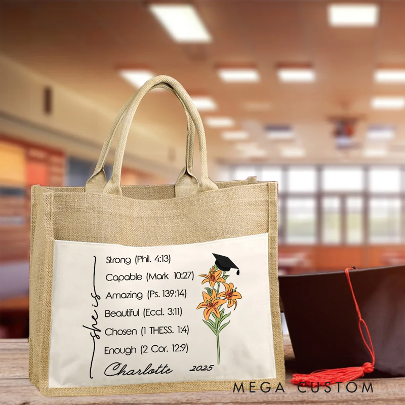 Personalized Bible Verses Birth Flower Graduation Cap Tote Bag with Name and Year Large Storage Graduation Gift for Women Christian Graduates