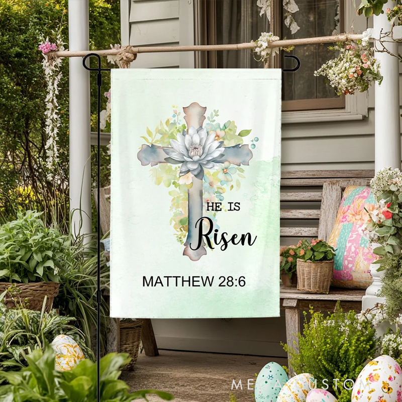 Personalized He is Risen Watercolor Cross 1-5 Birth Flowers Garden Flag with Text Yard Porch Decor Easter Holiday Religious Gift for Family Christian