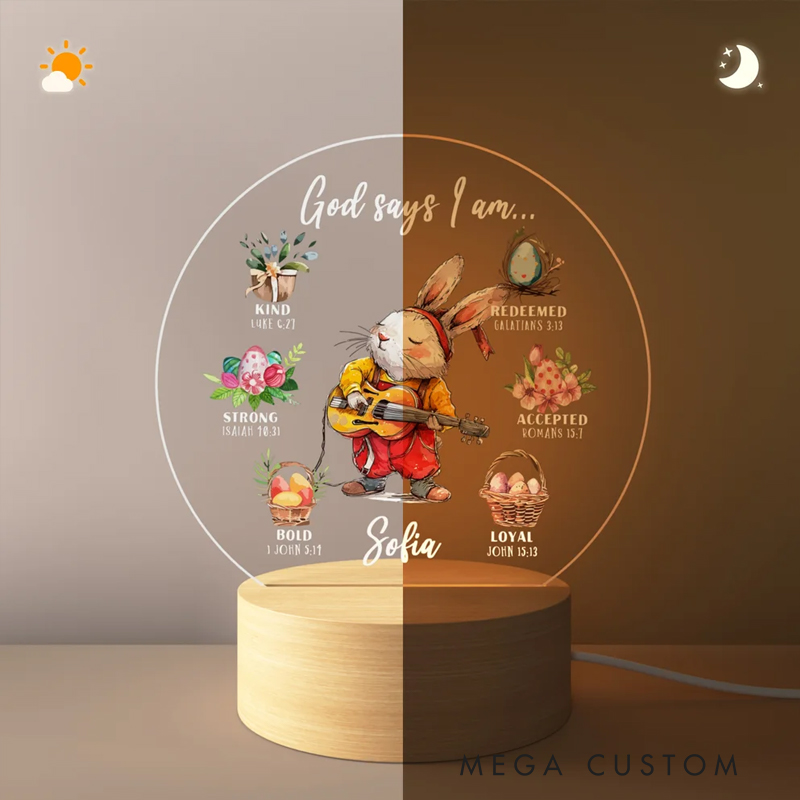 Personalized Bunny Career God Says I Am Name LED Night Light with Wooden Base Nursery Decor Birthday Easter Gift for Christian