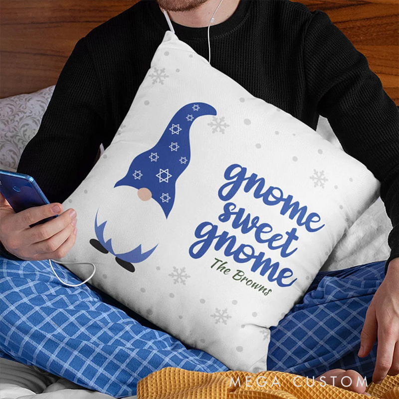 Personalized Cute Blue Gnome Throw Pillow with Name Home Decor Birthday Hanukkah Gift for Jewish Family Friend