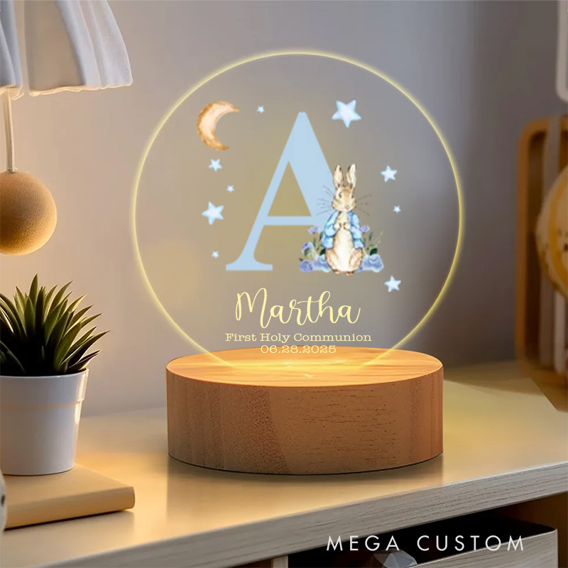 Personalized Rainbow Initial Floral Peter Rabbit LED Night Light with Wooden Base and Name Date Nursery Decor First Holy Communion Easter Gift for Kid