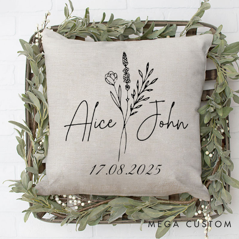 Personalized Elegant Floral Pillow for Wedding Couple