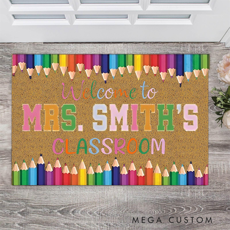 Personalized Door Mat for Teacher with Colorful Pencil Design Teacher Welcome Mat Teacher Housewarming Gift