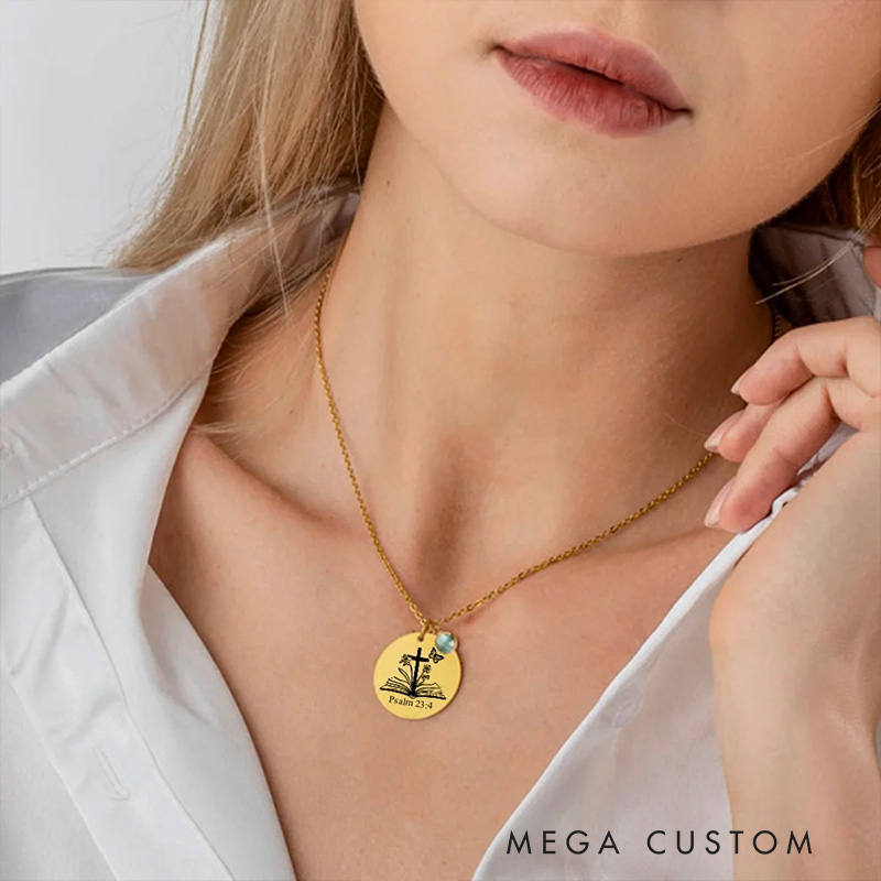 Personalized Bible Verse Cross Birth Flower Necklace with Birthstone and Text Religious Jewelry Birthday Gift for Women and Girls