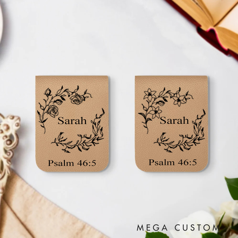 Personalized Birth Flower Wreath Magnetic Leather Bookmark Clip with Name Bible Verse Christmas Gift for Book Lover