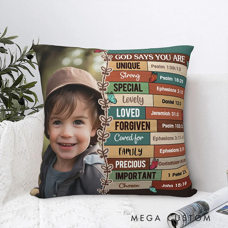Personalized God Says You Are Bible Verse Affirmation Throw Pillow with Photo Religious Inspirational Christian Gift for Kids