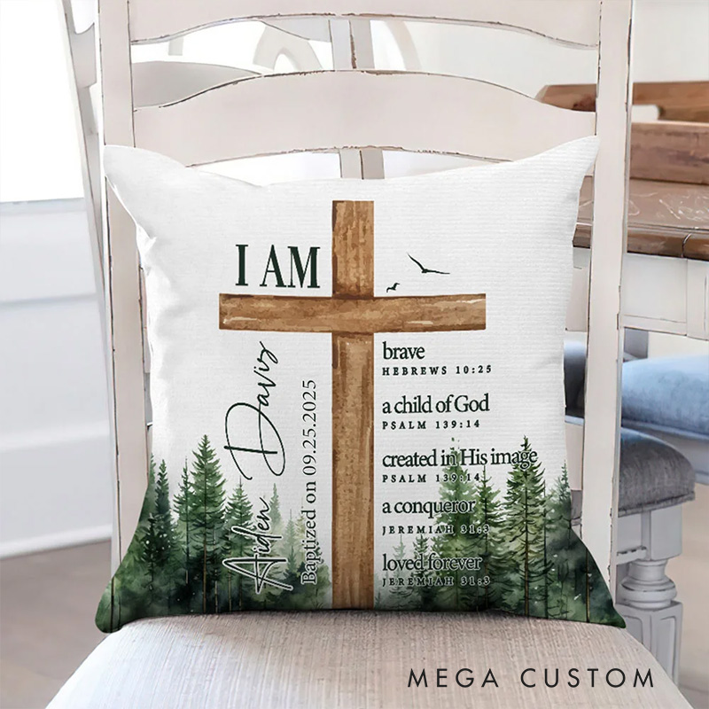Personalized Forest Cross Bible Verse Throw Pillow with Name Home Decor Christening Gift Birthday Gift for Boys