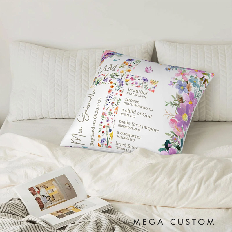Personalized Floral Cross Bible Scripture Throw Pillow with Name The First Baptism Communion Confirmation Gift for Girls