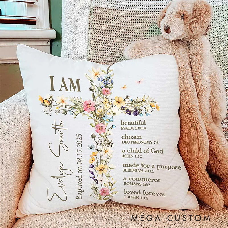 Personalized Floral Cross Bless Bible Verse Soft Throw Pillow with Name and Text Baptism First Communion Gift for Girls