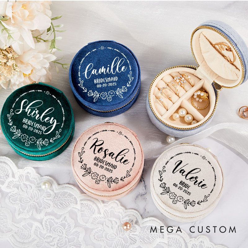 Personalized Bridesmaid Wreath Jewelry Box Bride Round Velvet Jewelry Box for Her Wedding Bachelorette Party Gift