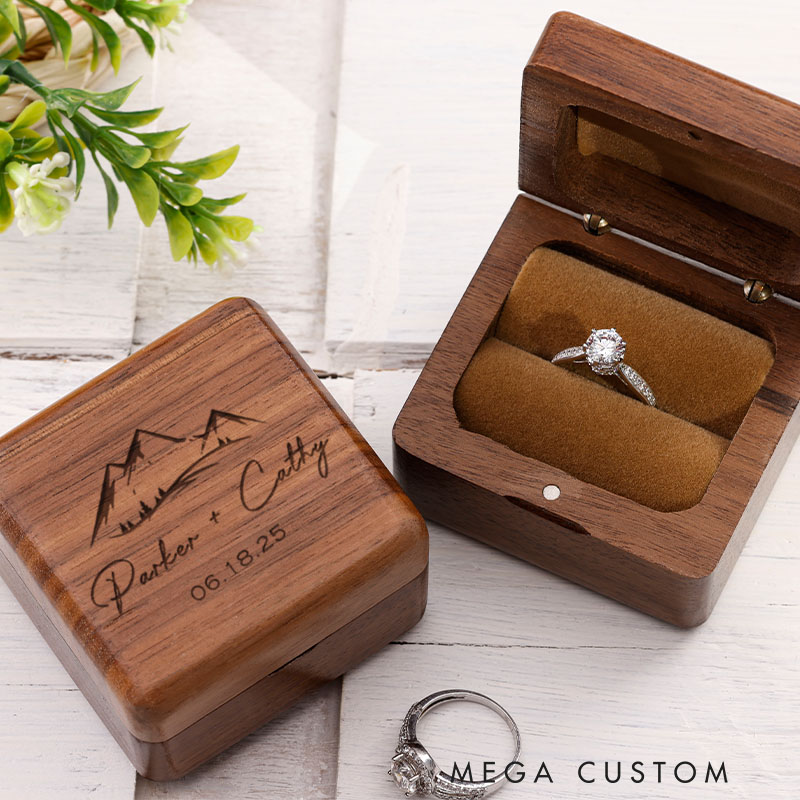 Personalized Mountain Peaks Couple Engagement Wedding Engraved Walnut Ring Box