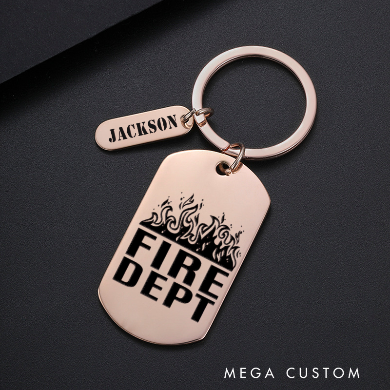 Personalized Fireman Keychain Engraved Metal Design Featuring Fire Dept Text with Flame Graphic Gift for Firefighters