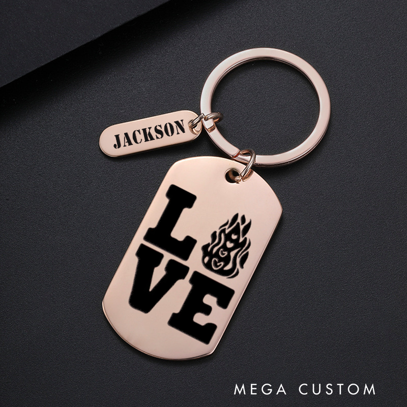 Personalized Fireman Keychain Engraved Metal Design Featuring Love Text with Flame Graphic Gift for Firefighters and Their Loved Ones