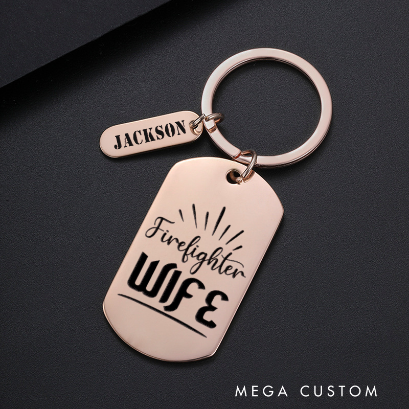 Personalized Fireman Keychain Engraved Metal Design Featuring Firefighter Wife Text with Elegant Accents Gift for Firefighters' Wives