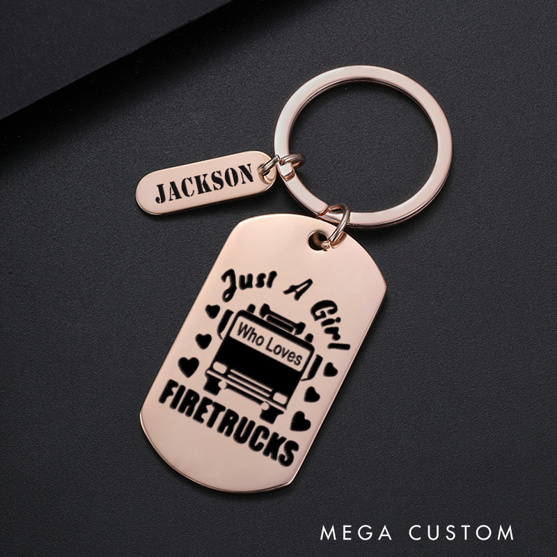 Personalized Fireman Keychain Engraved Metal Design Featuring Just a Girl Who Loves Firetrucks Text with Firetruck and Heart Graphics Gift for Firetruck Enthusiasts