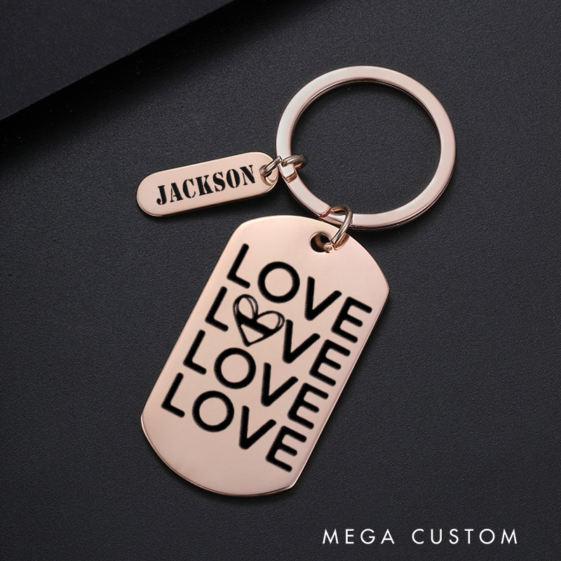 Personalized Keychain Engraved Metal Design Featuring Repeated Love Text with a Heart Graphic Gift for Loved Ones