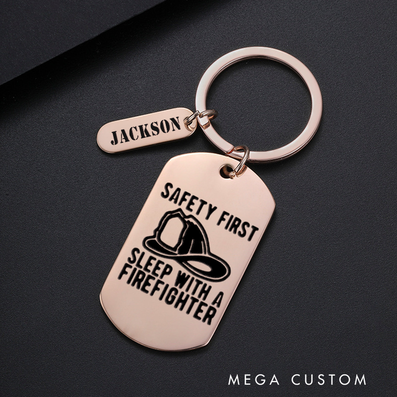 Personalized Fireman Keychain Engraved Metal Design Featuring Safety First Sleep with a Firefighter Text with Firefighter Hat Graphic Fun Gift for Firefighter Partners