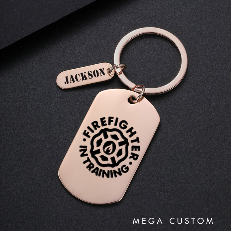 Personalized Fireman Keychain Engraved Metal Design Featuring Firefighter in Training with Firefighter Emblem Graphic Gift for Aspiring Firefighters