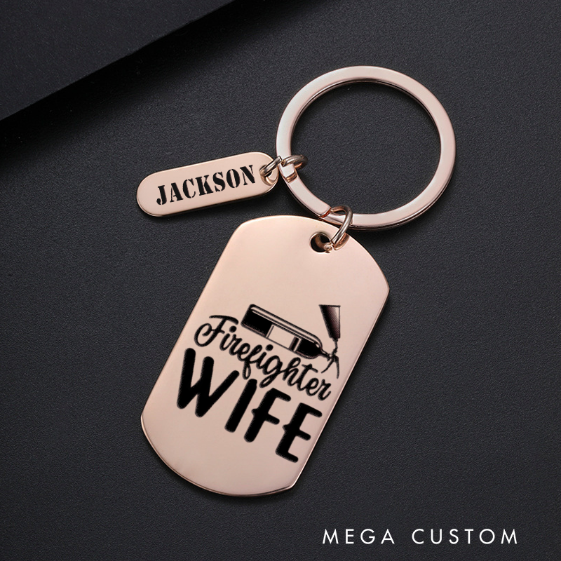 Personalized Fireman Keychain Engraved Metal Design Featuring Firefighter Wife with Fire Hose Graphic Gift for Firefighters' Wives