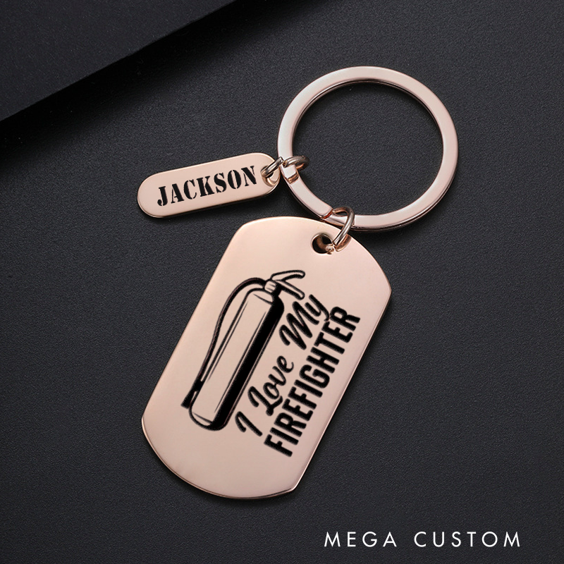Personalized Fireman Keychain Engraved Metal Design Featuring I Love My Firefighter with Fire Extinguisher Graphic Gift for Firefighter Loved Ones