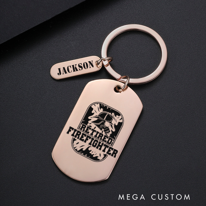 Personalized Fireman Keychain Engraved Metal Design Featuring Retired Firefighter with Firefighter Helmet and Flames Graphic Gift for Retired Firefighters