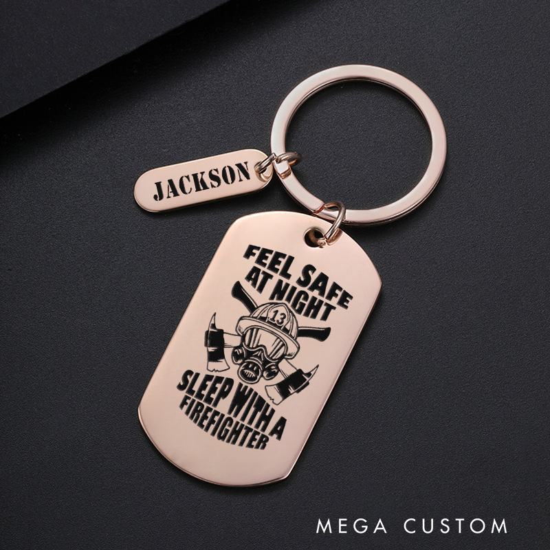 Personalized Fireman Keychain Engraved Metal Design Featuring Feel Safe at Night, Sleep with a Firefighter with Firefighter Helmet and Axes Graphic Fun and Playful Gift
