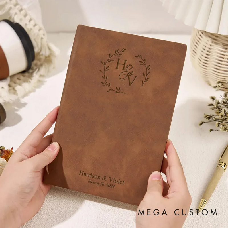Personalized Laurel Branches with Initials and Date Wedding Couple Leather Journal Notebooks