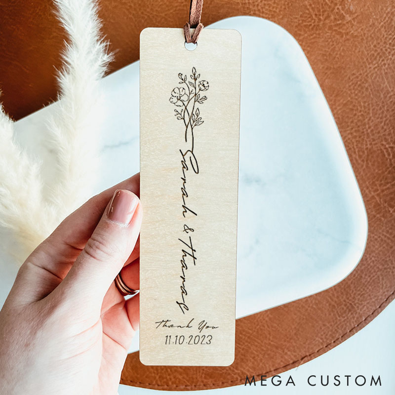 Personalized Thank You Floral Wedding Couple Wood Bookmark