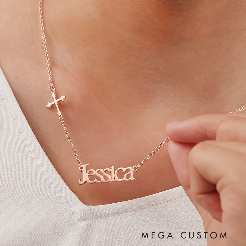 Personalized Minimalist Sideway Cross Necklace with Name Religious Jewelry Christening Baptism Gift Birthday Gift for Her
