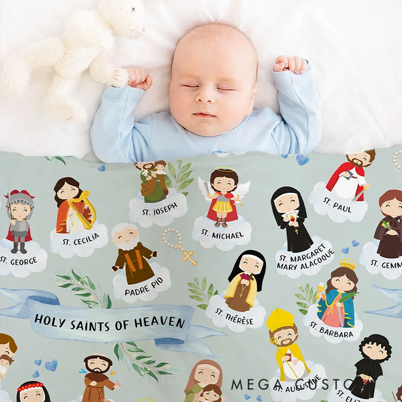 Personalized Holy Saints of Heaven Cartoon Soft Blanket with Name Religion Home Decor Prayer Gift for Kids Catholics