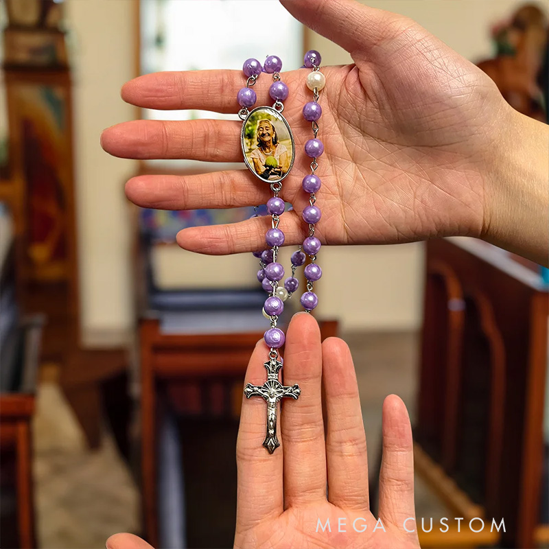 Personalized Multi-Color Rosary Beads Necklace with Photo Cross Pendant Memorial Gift for Women Catholic Rosary Necklace Loss Gifts