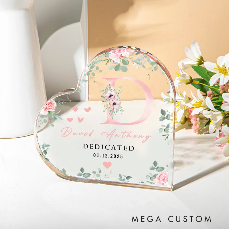 Personalized Floral Initial Heart-Shaped Acrylic Plaque with Name and Text Baptism Birthday Gift for Christian