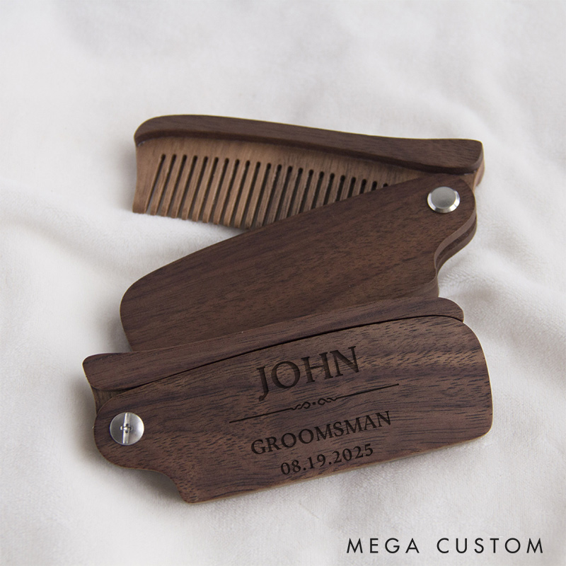Personalized Groomsmen Portable Folding Comb Engraved Wooden Beard Comb Groomsmen Gifts for Him