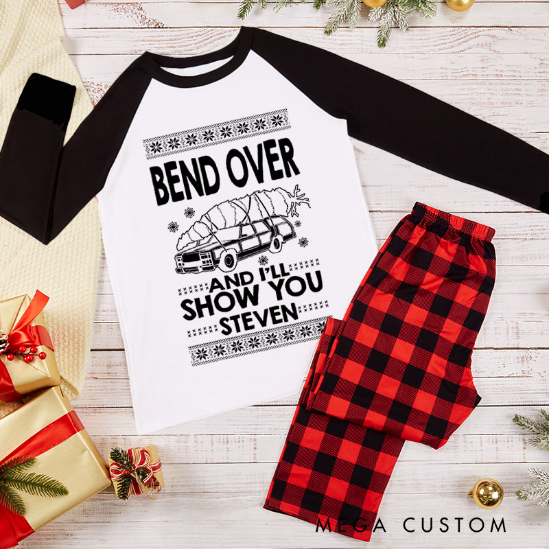Personalized Couple Bend Over and I'll Show You Xmas Matching Pajamas Car Carrying a Christmas Tree Matching Pjs for Husband Wife Boyfriend Girlfriend