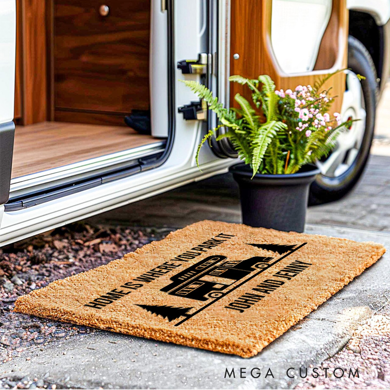 Personalized Family Happy Campers RV Life Doormat Home Is Where You Park It Door Mat for Hiking Traveling Lovers Gift 