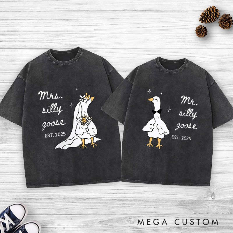 Personalized Funny Mr and Mrs Silly Goose Matching Wedding Couple Washed T-Shirt