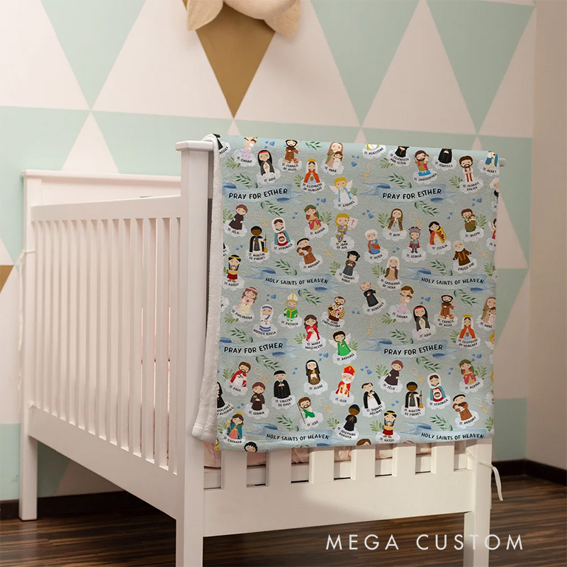 Personalized Holy Saints of Heaven Cartoon Soft Blanket with Name Religion Home Decor Prayer Gift for Kids Catholics